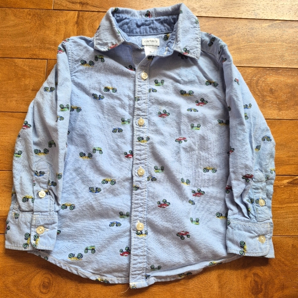 Carter’s Toddler Boy’s Light Blue Monster Truck Print Button-Up Shirt – Size 3T